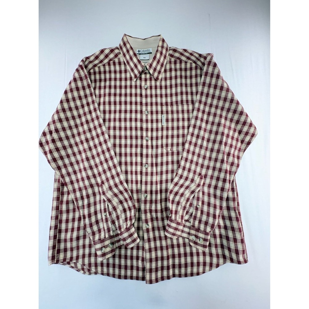 Columbia Mens Long Sleeve Plaid Button Down Shirt Burgundy Cream Large